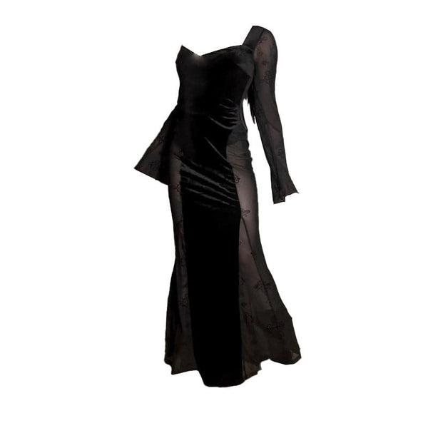 Long sleeve velvet v neck cross print mesh patchwork maxi dress  | black rave dress