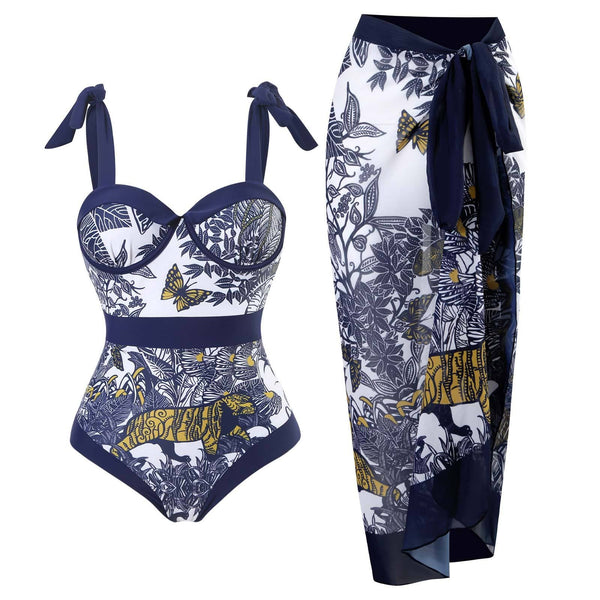 Maillot de bain une pièce à imprimé contrasté, col en cœur, à nouer soi-même, avec jupe de plage 