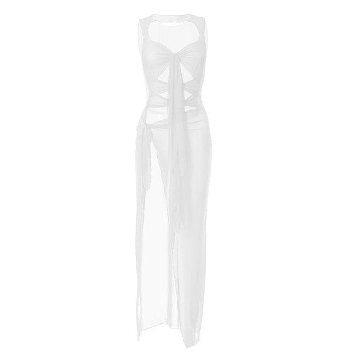 Sheer mesh see through knotted hollow out slit maxi dress - Halibuy
