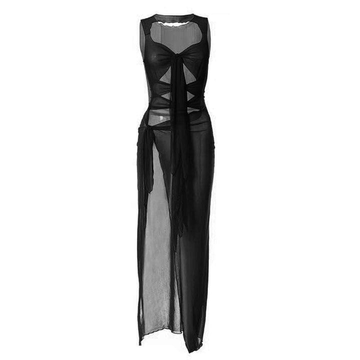 Sheer mesh see through knotted hollow out slit maxi dress - Halibuy
