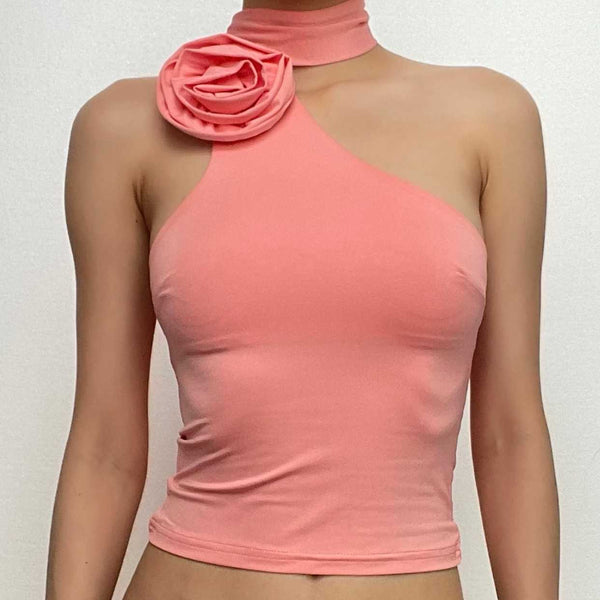 Haut court dos nu sans manches avec ruban appliqué de fleurs solides 