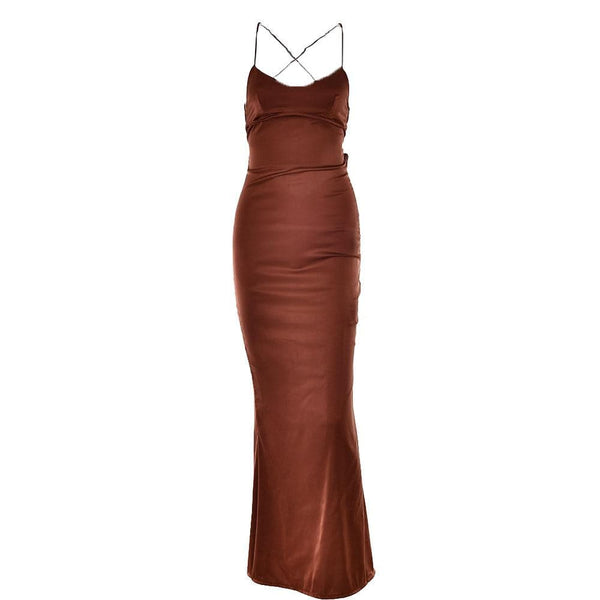 Satin solid lace up cross back v neck low cut maxi dress  | black rave dress  | black rave dress