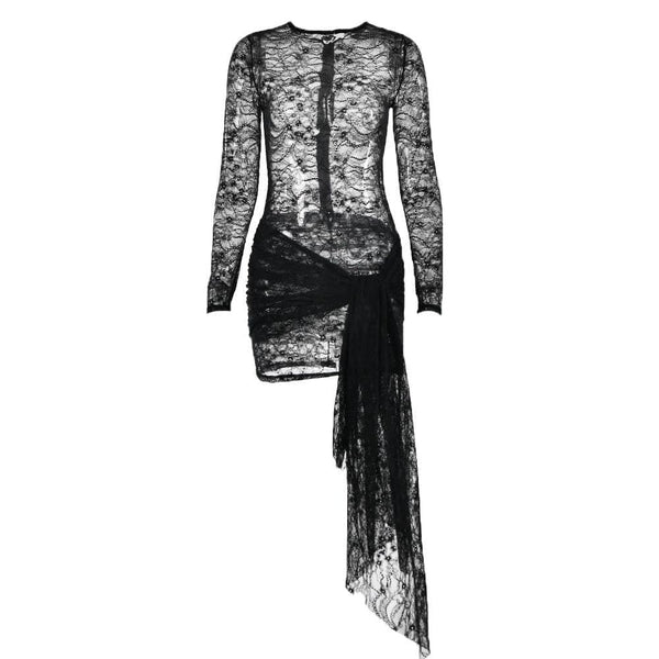 Mini-robe froncée à manches longues et fermeture éclair transparente en dentelle 