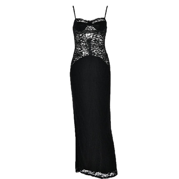 Robe longue en dentelle unie à fente boutonnée et fermeture éclair 