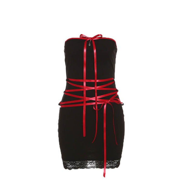Lace up contrast lace hem bowknot backless tube mini dress