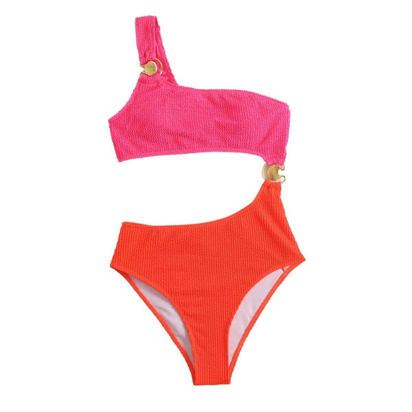 Maillot de bain une pièce texturé contrasté à une épaule et anneau en O ajouré 