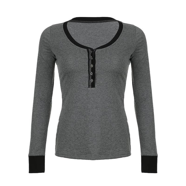 Button contrast stitch long sleeve v neck top