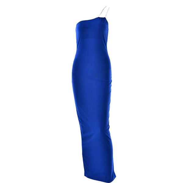 Robe longue fendue à une épaule avec chaîne en métal | Robe de tango rouge