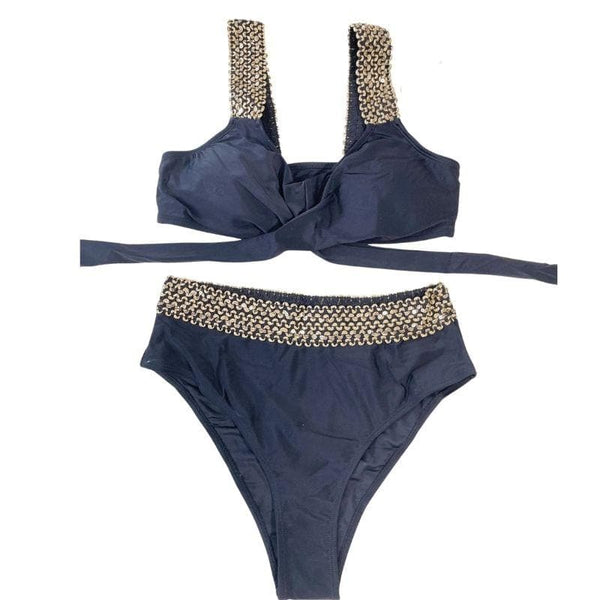 Maillot de bain bikini croisé contrasté à nouer sur le devant et ajouré 