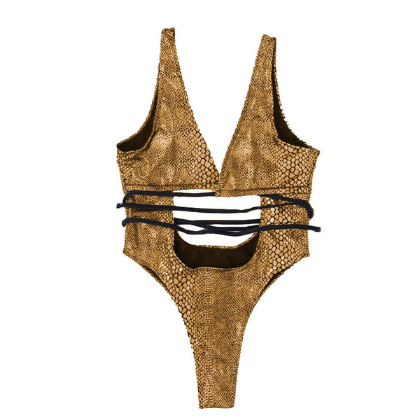 Maillot de bain une pièce uni à imprimé peau de serpent croisé sur le devant et à nouer soi-même 
