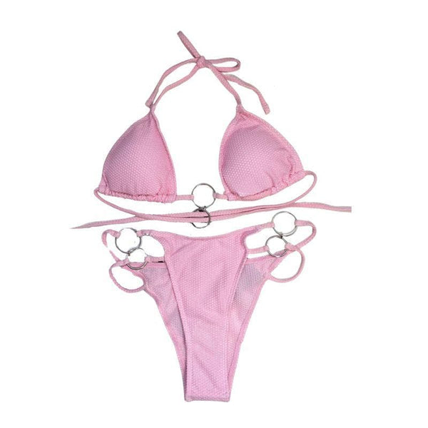 Maillot de bain bikini dos nu rembourré à nouer et anneau en O solide 