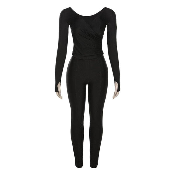 Ensemble pantalon froncé à manches longues et col en V avec gants 