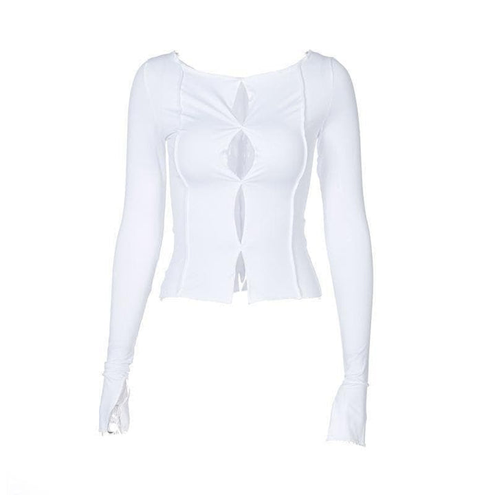 Hollow out round neck long sleeve top - Halibuy