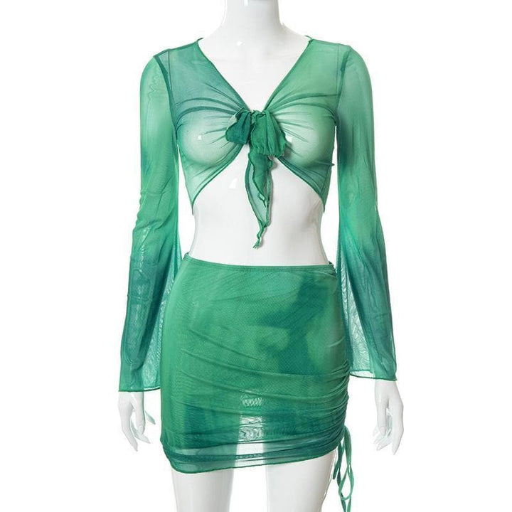Flared sleeve mesh see through skirt set - Halibuy