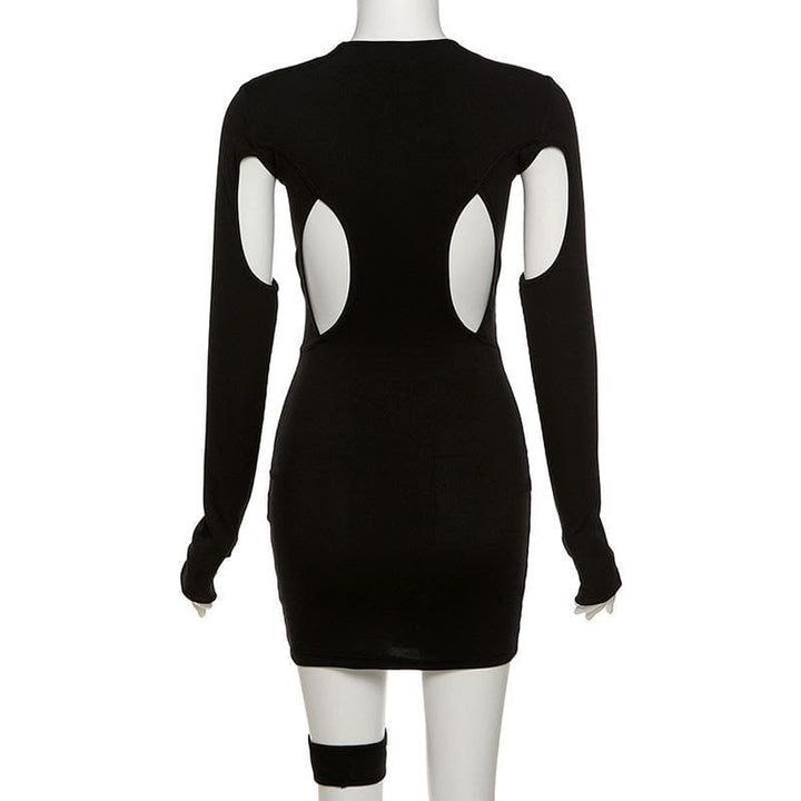 Hollow out irregular long sleeve crewneck mini dress - Halibuy