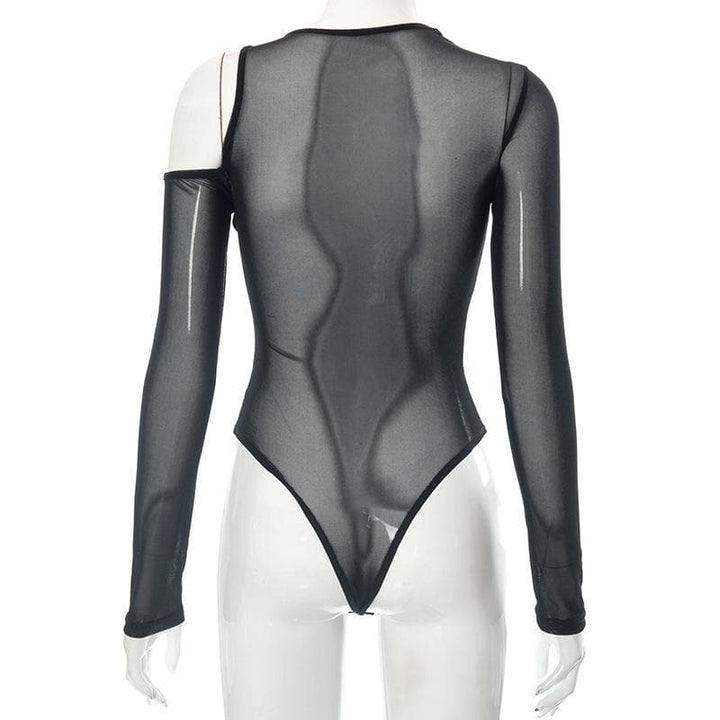 Long sleeve off shoulder irregular sheer mesh bodysuit - Halibuy