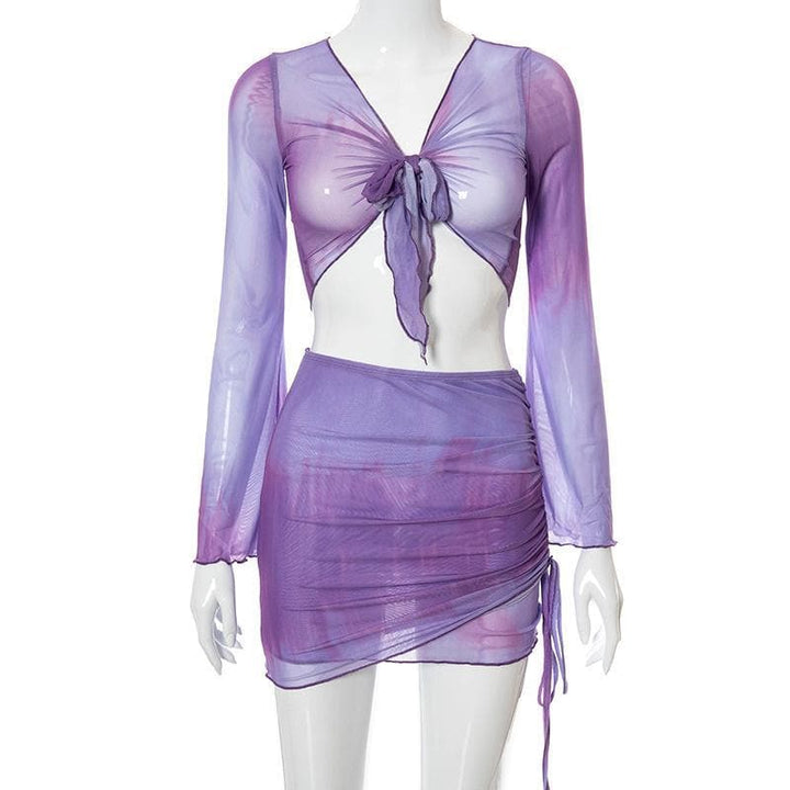 Flared sleeve mesh see through skirt set - Halibuy