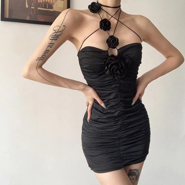 Appliques solid ruched string dress - Halibuy
