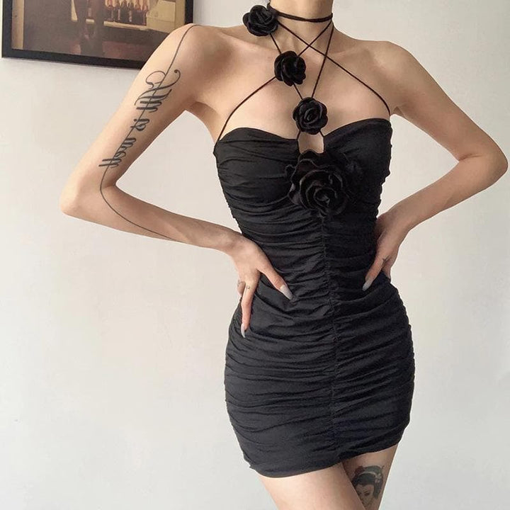 Appliques solid ruched string dress - Halibuy