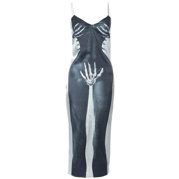 Robe midi à motif tête de mort, col en V, dos nu, fermeture éclair contrastée