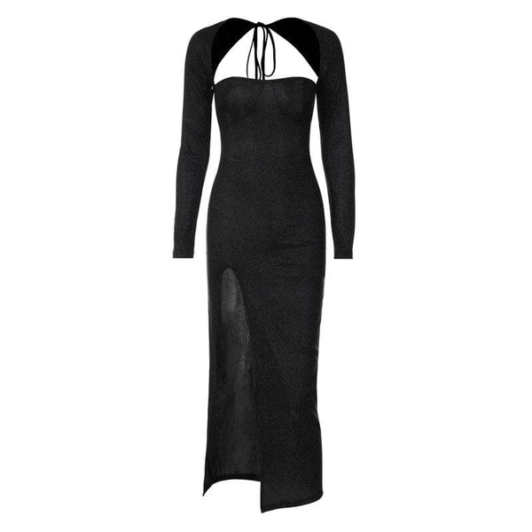 Robe midi texturée à manches longues, à lacets, à fente et à fronces irrégulières