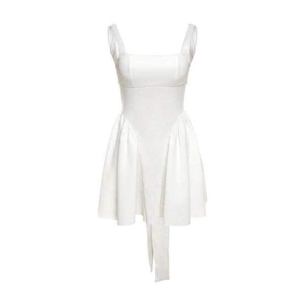 Mini-robe froncée unie sans manches, col carré, nœud papillon, dos nu 