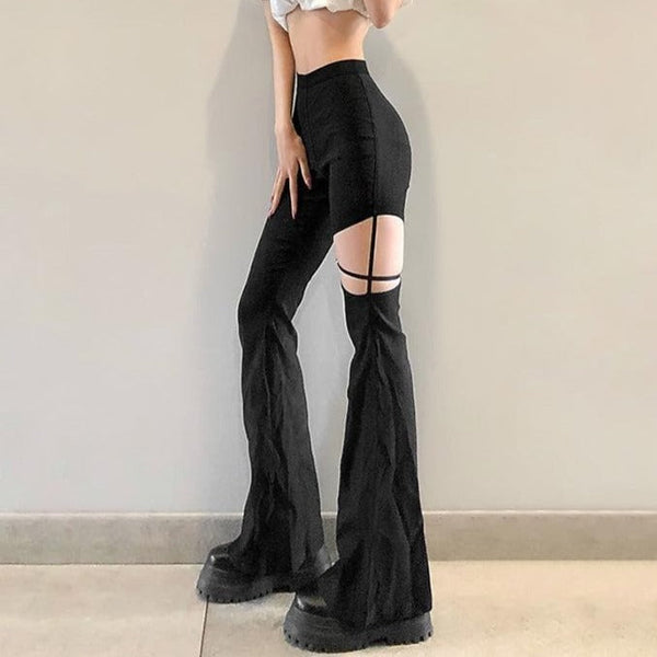 Zip up hollow out flared solid pant - Halibuy