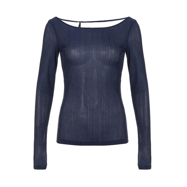 Self tie backless round neck long sleeve textured top