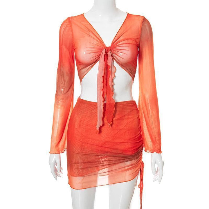 Flared sleeve mesh see through skirt set - Halibuy