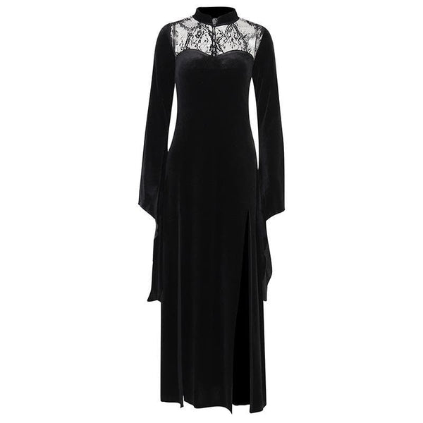 Robe midi en velours et dentelle patchwork boutonnée, col haut, manches longues évasées et fente 