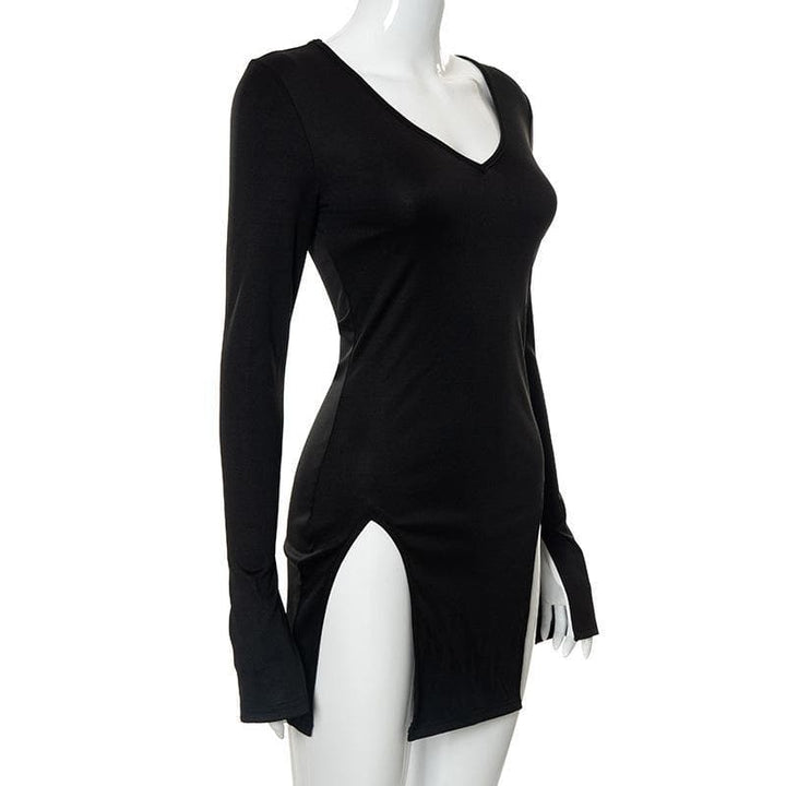 Long sleeve deep v neck slit solid mini dress - Halibuy