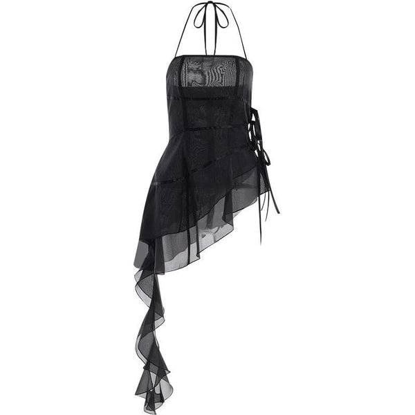 Halter ruffle irregular ribbon sheer mesh mini dress  | samba dress