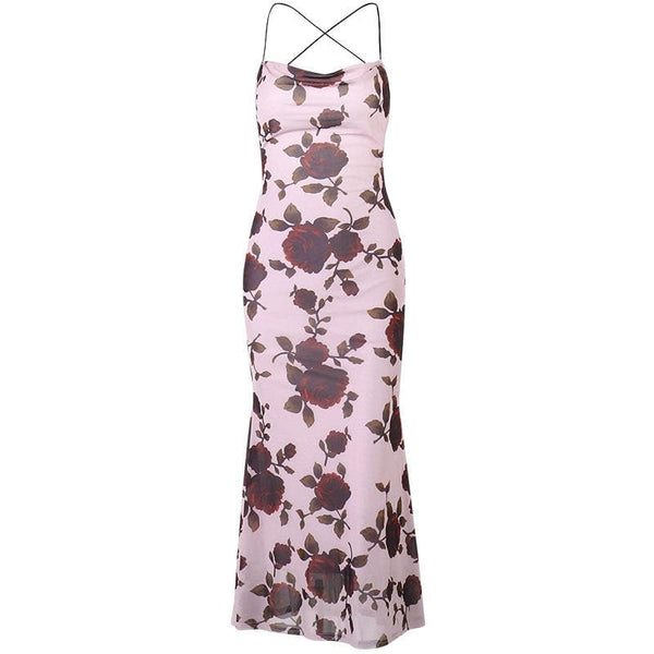 Robe midi à imprimé floral contrasté, dos nu et lacets croisés
