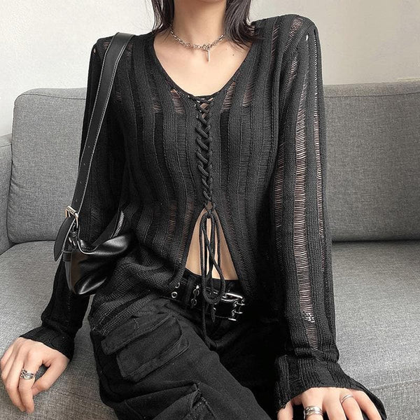 Haut uni à manches longues en tricot fendu avec lacets et lien à nouer