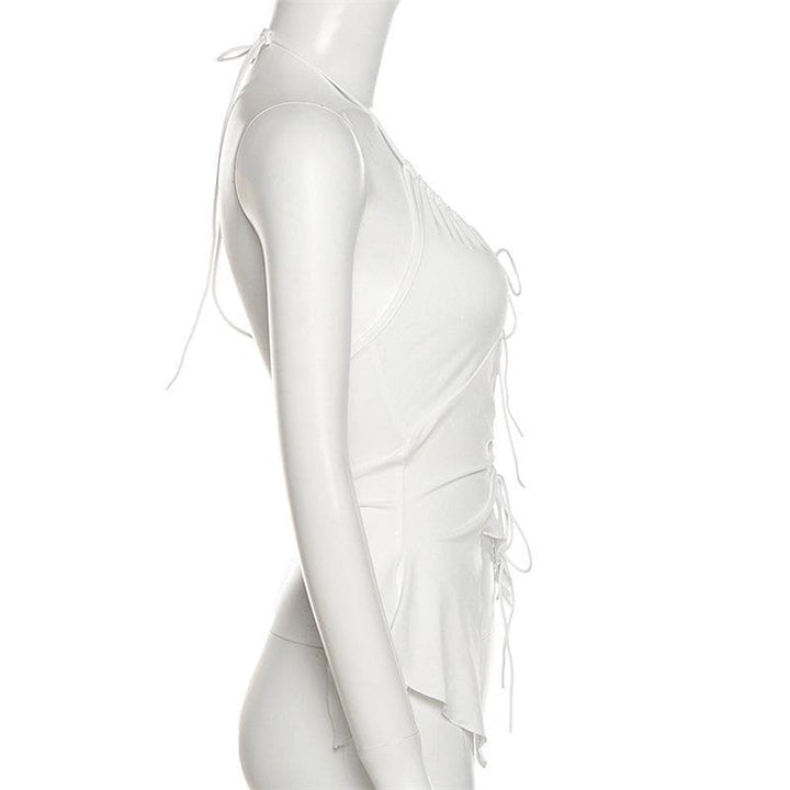 Hollow out ruched halter ruffled tie front top - Halibuy