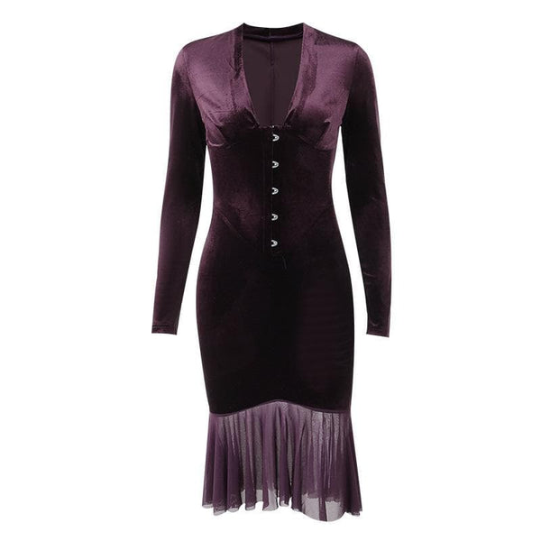 Velvet button ruffle long sleeve v neck solid midi dress  | red tango dress