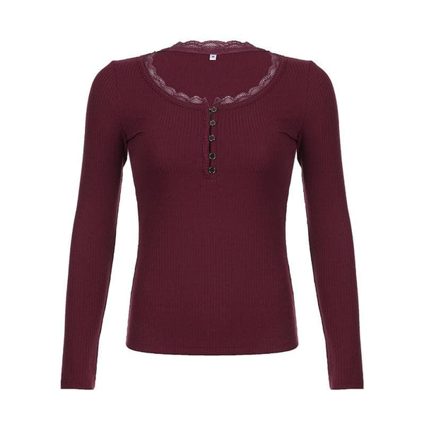 Ribbed long sleeve lace hem button solid top