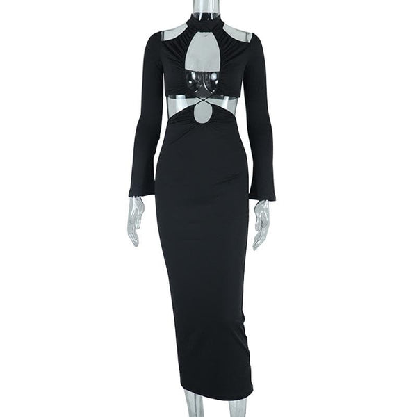 Hollow out cross front solid long sleeve halter midi dress  | black rave dress  | black rave dress
