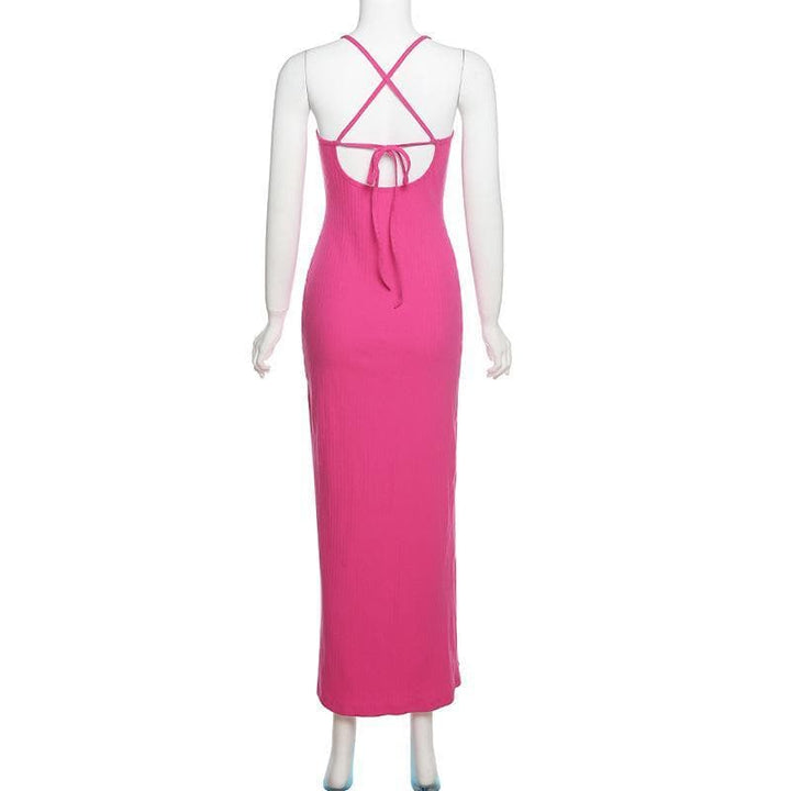 Cross open back hollow out slit ribbed maxi dress - Halibuy