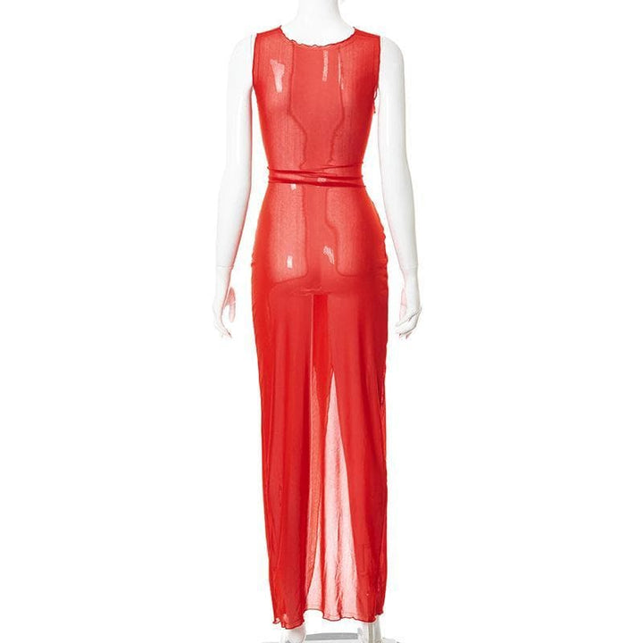 Sheer mesh see through knotted hollow out slit maxi dress - Halibuy