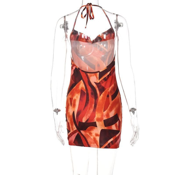 Cowl neck print backless halter mini dress - Halibuy