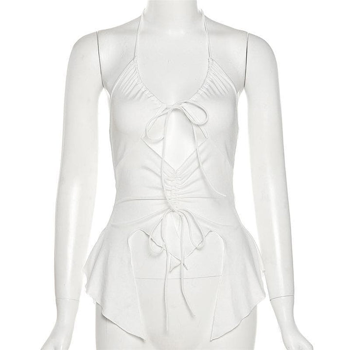 Hollow out ruched halter ruffled tie front top - Halibuy