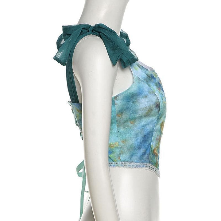 Print lace up back self tie strap bustier crop top - Halibuy