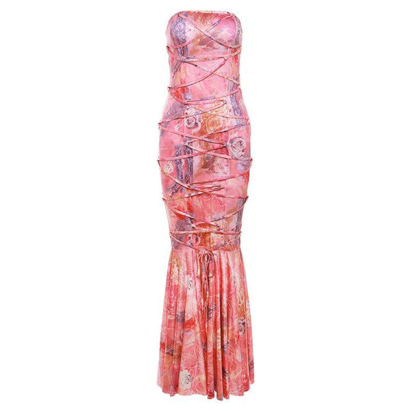 Robe longue tube à lacets et imprimé floral contrasté à dos nu 