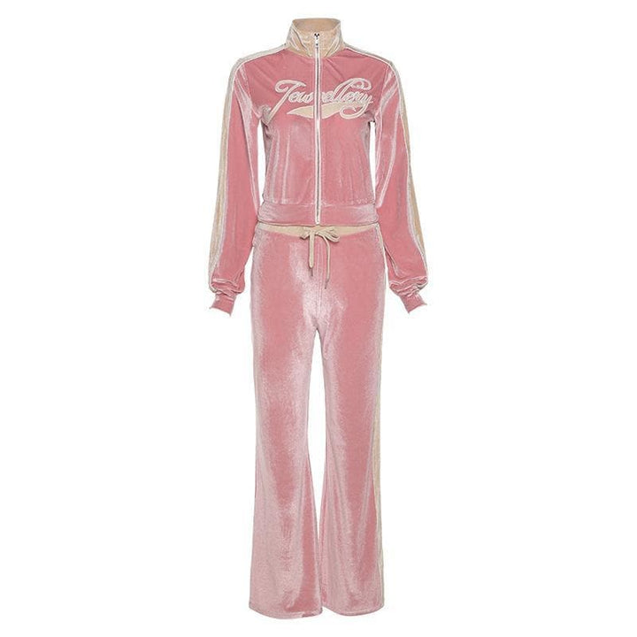 Zip-up letter embroidered high neck pant set - Halibuy
