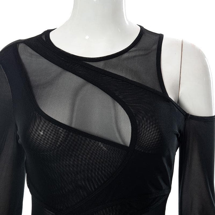 Long sleeve off shoulder irregular sheer mesh bodysuit - Halibuy