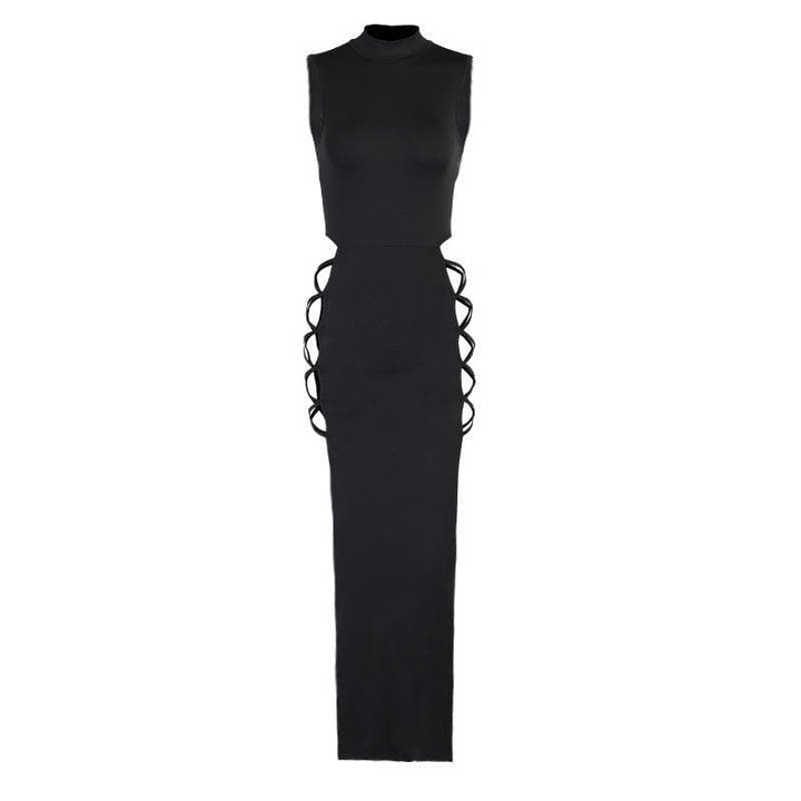 Hollow out lace up high neck dress - Halibuy