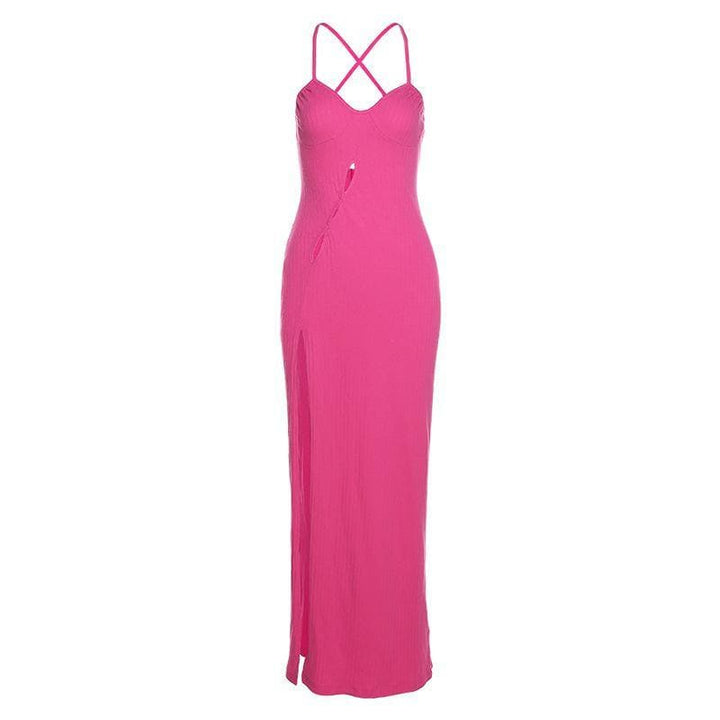 Cross open back hollow out slit ribbed maxi dress - Halibuy