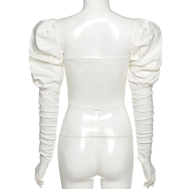Puff sleeve heart neck corset solid top - Halibuy
