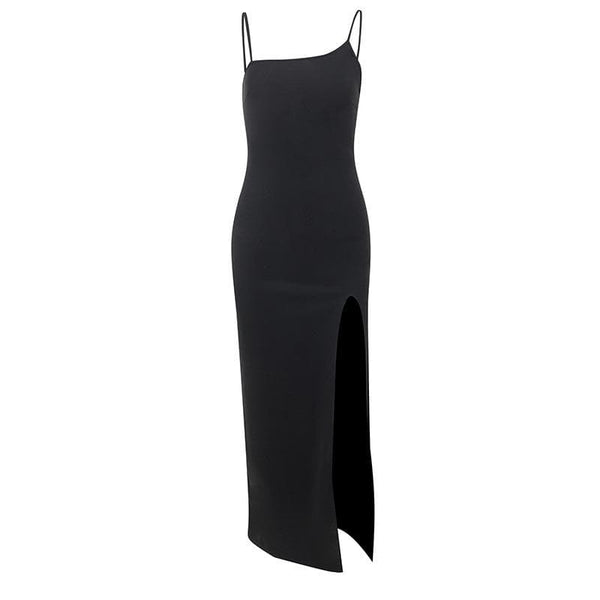 Robe midi à bretelles fendue irrégulière, fermeture éclair, dos nu, couleur unie